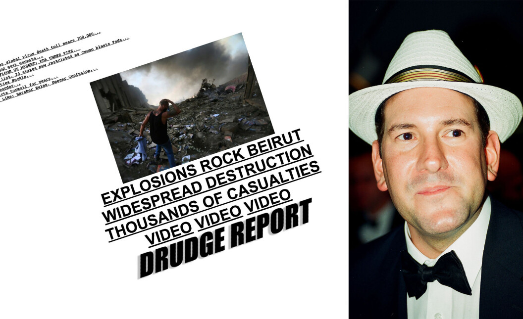 Designet på Drudge Report skiller seg ut i 2020. Lite har endret seg siden 1997. Til venstre gründer Matt Drudge. Designet på Drudge Report skiller seg ut i 2020. Lite har endret seg siden 1997. Til venstre gründer Matt Drudge.