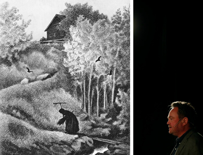 Til venstre Theodor Kittelsens tegning «Svartedauden kommer til gårds». Til høyre TV 2-korrespondent og USA-ekspert Fredrik Græsvik. Eller var det motsatt? Bildene har uansett ingenting med saken å gjøre. Beklager det.