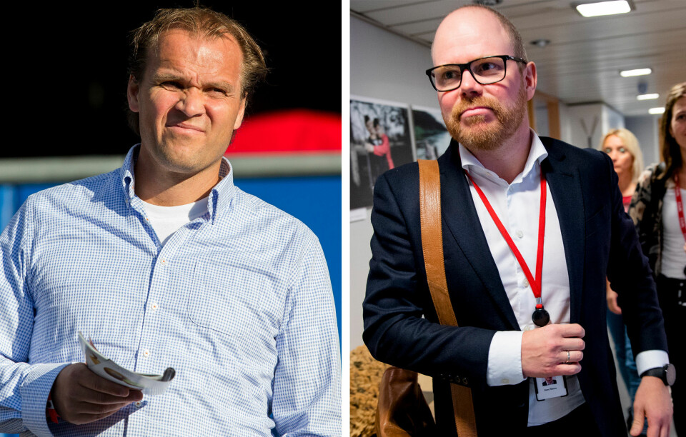 Hans Erik Ødegaard (t.v) nekter å uttale seg til journalister. Han klaget inn VG til PFU, her ved sjefredaktør Gard Steiro (t.h), som ikke ble felt.
