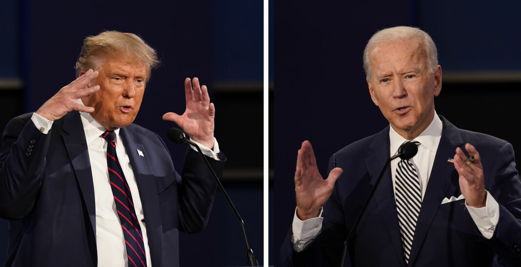 Donald Trump (t.v.) og Joe Biden under den første presidentdebatten i Cleveland i forrige uke.