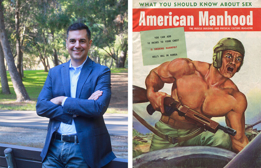 Gregory A. Daddis er historieprofessor i California – og forfatteren av den høstaktuelle boka «Vietnam Pulp». Til venstre magasinet American Manhood som skildret «hvite menn som gjorde manneting sammen med andre menn». Gregory A. Daddis er historieprofessor i California – og forfatteren av den høstaktuelle boka «Vietnam Pulp». Til venstre magasinet American Manhood som skildret «hvite menn som gjorde manneting sammen med andre menn».