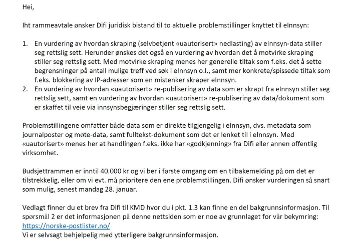 Digitaliseringsdirektoratet bestilte 21. januar 2019 en juridisk vurdering om Hallvard Nygårds skraping. Digitaliseringsdirektoratet bestilte 21. januar 2019 en juridisk vurdering om Hallvard Nygårds skraping.
