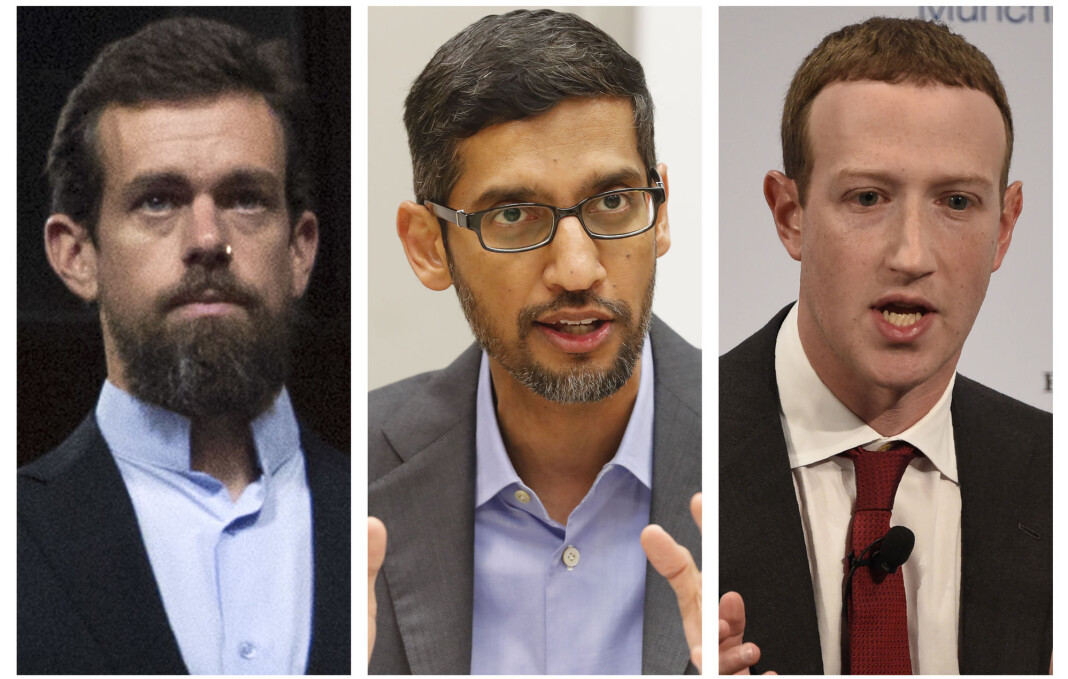 Twitter-sjef Jack Dorsey (venstre), Alphabet/Google-sjef Sundar Pichai (midten) og Facebook-sjef Mark Zuckerberg vil bli spurt ut om lovgivning som fritar dem ansvaret for ytringer publisert av tredjeparter på plattformene deres. Twitter-sjef Jack Dorsey (venstre), Alphabet/Google-sjef Sundar Pichai (midten) og Facebook-sjef Mark Zuckerberg vil bli spurt ut om lovgivning som fritar dem ansvaret for ytringer publisert av tredjeparter på plattformene deres.