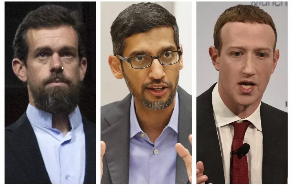 Twitter-sjef Jack Dorsey (venstre), Alphabet/Google-sjef Sundar Pichai (midten) og Facebook-sjef Mark Zuckerberg vil bli spurt ut om lovgivning som fritar dem ansvaret for ytringer publisert av tredjeparter på plattformene deres.