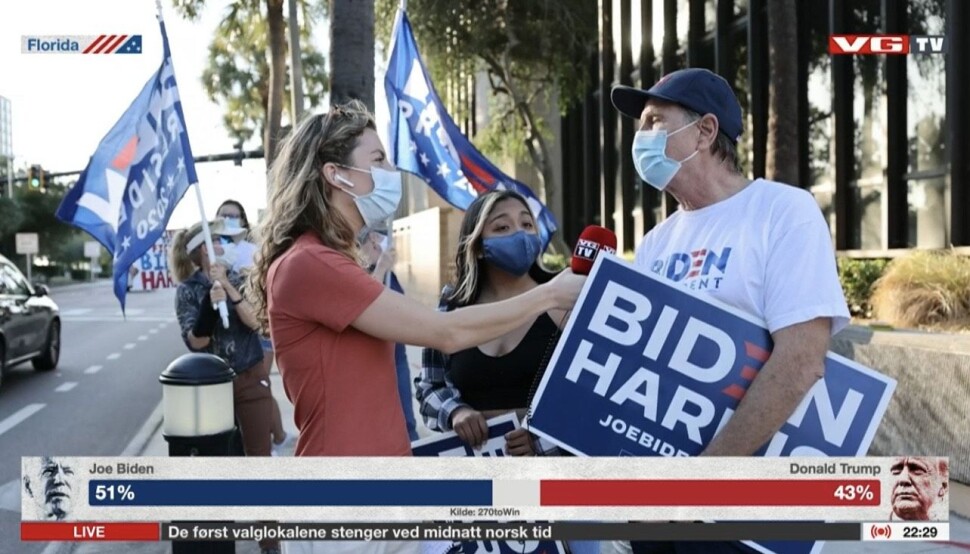 VGTVs sending fra valgnatten hadde 687 000 visninger. Her intervjuer reporter Ingeborg Huse Amundsen en Biden-tilhenger i Florida. VGTVs sending fra valgnatten hadde 687 000 visninger. Her intervjuer reporter Ingeborg Huse Amundsen en Biden-tilhenger i Florida.