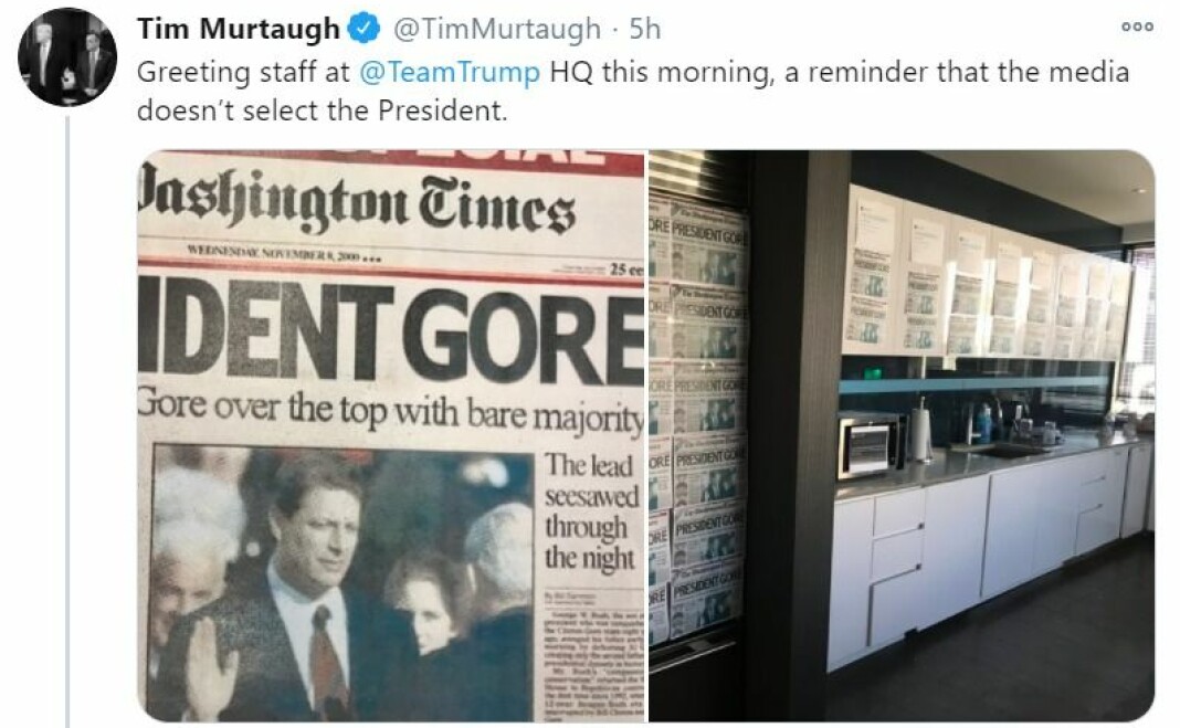 Den falske Washington Times-forsiden Trump-valgkampens kommunikasjonsdirektør Tim Murtaugh senere slettet fra Twitter.