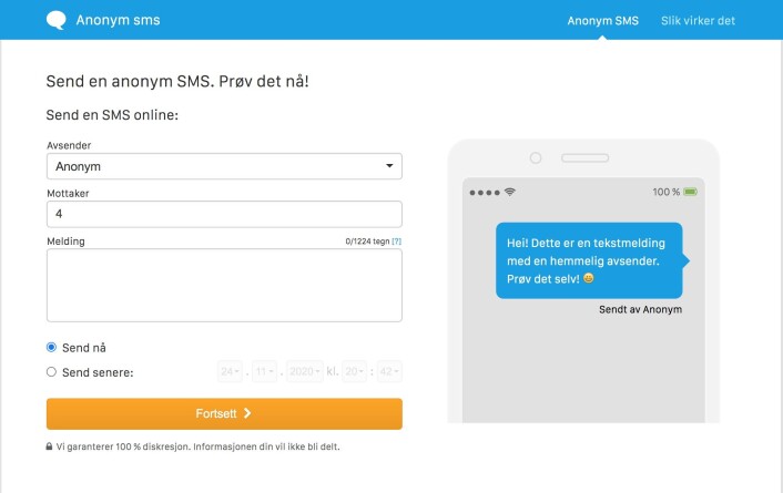 Nettsida anonymsms.co.no garanterer 100 prosent diskresjon. Nettsida anonymsms.co.no garanterer 100 prosent diskresjon.
