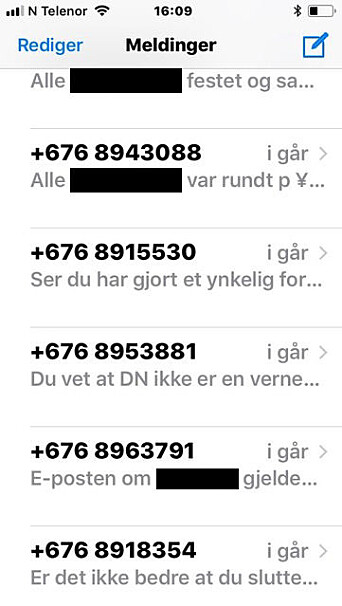 Et skjermbilde fra «Ninas» telefon, dagen etter en dag med mange trakasserende meldinger. Vi har sensurert identifiserende ord. Et skjermbilde fra «Ninas» telefon, dagen etter en dag med mange trakasserende meldinger. Vi har sensurert identifiserende ord.