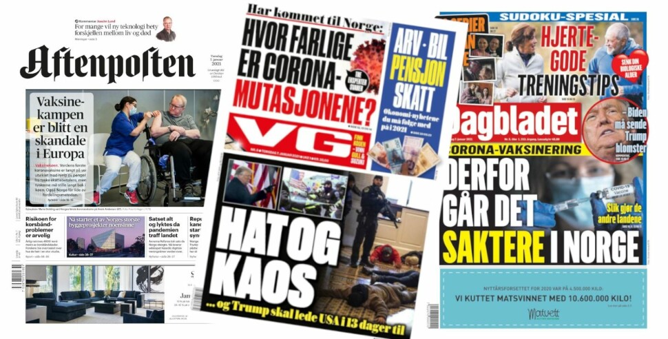 Forsidene på Aftenposten, VG og Dagbladet torsdag 7. januar.