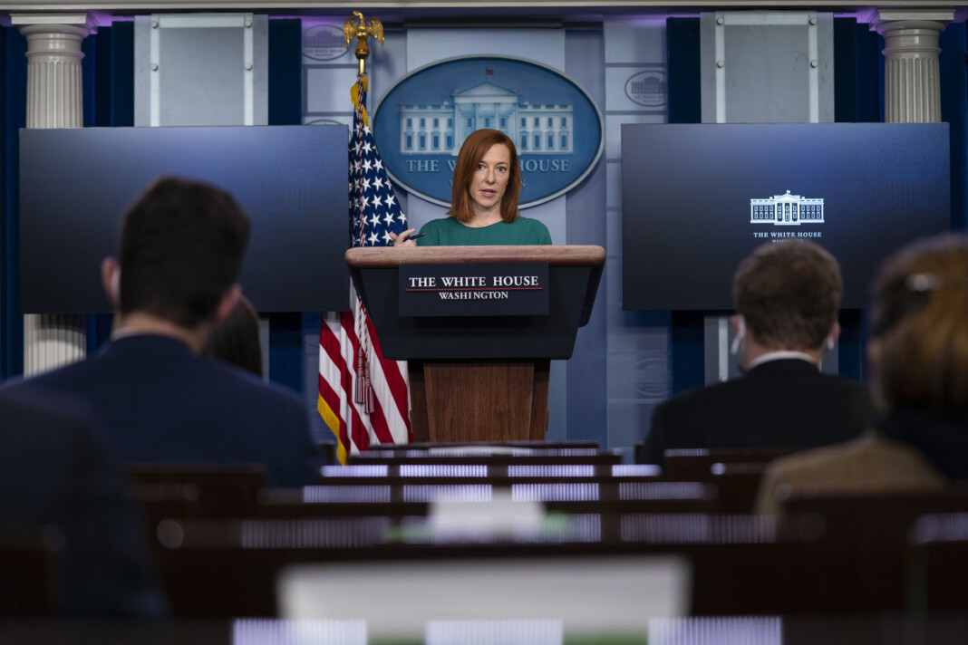 Pressetalsperson Jen Psaki under mandagens pressekonferanse i Det hvite hus. Pressetalsperson Jen Psaki under mandagens pressekonferanse i Det hvite hus.