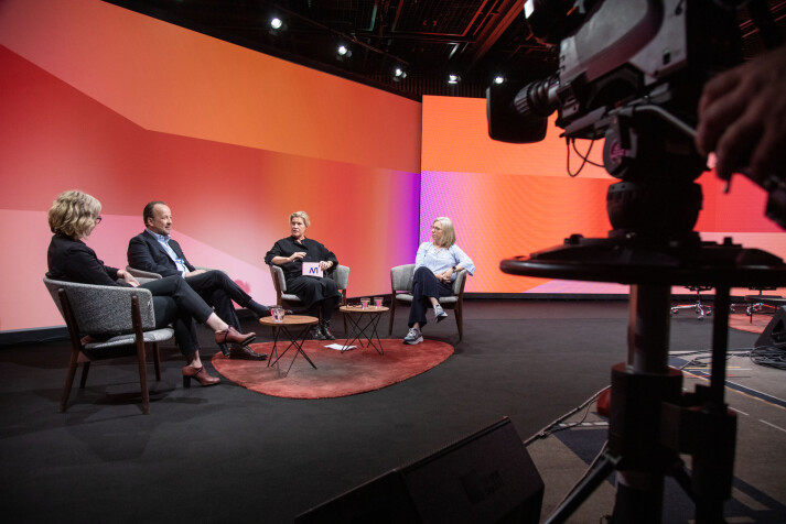 I år som i fjor blir Nordiske mediedager en heldigital konferanse. Her fra fjorårets pausepanel, fra venstre.: Sarah Sørheim, Frithjof Jacobsen, Guri Heftye og Trine Eilertsen. I år som i fjor blir Nordiske mediedager en heldigital konferanse. Her fra fjorårets pausepanel, fra venstre.: Sarah Sørheim, Frithjof Jacobsen, Guri Heftye og Trine Eilertsen.