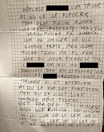 «Elin» fant dette brevet i postkassa hjemme. Journalisten har sladdet identifiserende ord. «Elin» fant dette brevet i postkassa hjemme. Journalisten har sladdet identifiserende ord.