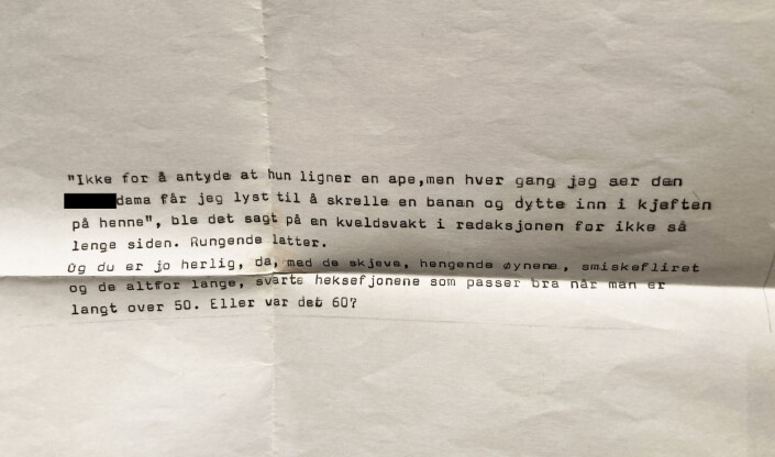 Det andre brevet «Elin» fikk, var skrevet på skrivemaskin. Journalisten har sladdet identifiserende ord. Det andre brevet «Elin» fikk, var skrevet på skrivemaskin. Journalisten har sladdet identifiserende ord.