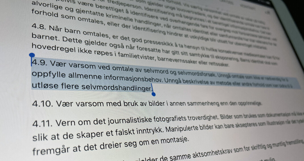 «Det vil alltid være noen som mener at selvmord ikke bør omtales, men det er ikke pressens jobb å være frontkjempere for deres syn», skriver Anders Lie Brenna. «Det vil alltid være noen som mener at selvmord ikke bør omtales, men det er ikke pressens jobb å være frontkjempere for deres syn», skriver Anders Lie Brenna.