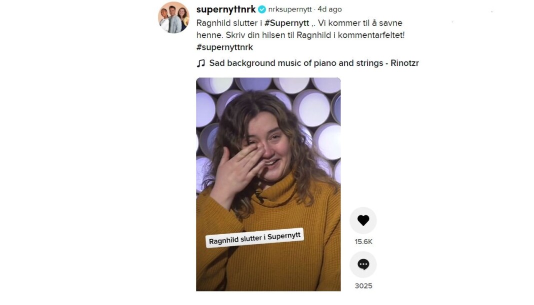 Ragnhild Telise Kristoffersens avskjed er sett av mer enn 115.000 på Tiktok. Ragnhild Telise Kristoffersens avskjed er sett av mer enn 115.000 på Tiktok.