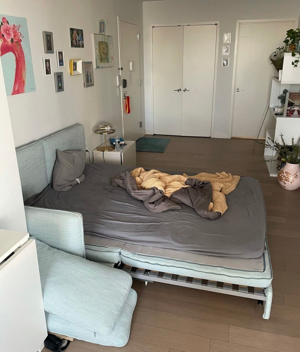 Det er på denne sovesofaen jeg har sovet flere ganger i vinter når karantene har krevd det. Dette bildet er tatt i januar i år, da kona ble smittet av korona. Soveromsdøren er til høyre på bildet. Det er på denne sovesofaen jeg har sovet flere ganger i vinter når karantene har krevd det. Dette bildet er tatt i januar i år, da kona ble smittet av korona. Soveromsdøren er til høyre på bildet.