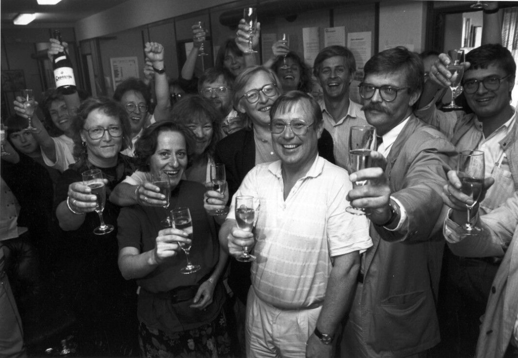 Norsk Journalistlag kan feire 75 år. Her fra da NRKJ avsluttet streik i 1990. Norsk Journalistlag kan feire 75 år. Her fra da NRKJ avsluttet streik i 1990.