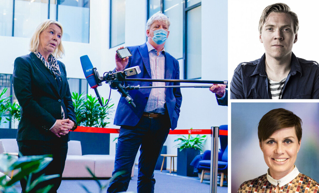 Leder for Pressens offentlighetsutvalg, Tron Strand, intervjuer justisminister Monica Mæland. Til høyre: Sindre Granly Meldalen (NP) og Ina Lindahl Nyrud (NJ). Leder for Pressens offentlighetsutvalg, Tron Strand, intervjuer justisminister Monica Mæland. Til høyre: Sindre Granly Meldalen (NP) og Ina Lindahl Nyrud (NJ).