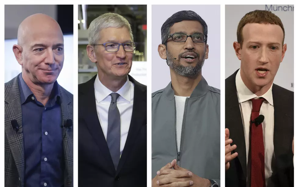 Lederne for de fire store teknologiselskapene, fra venstre Amazons Jeff Bezos, Apples Tim Cook, Googles Sundar Pichai og Facebooks Mark Zuckerberg, er under økende press både i USA og Europa.