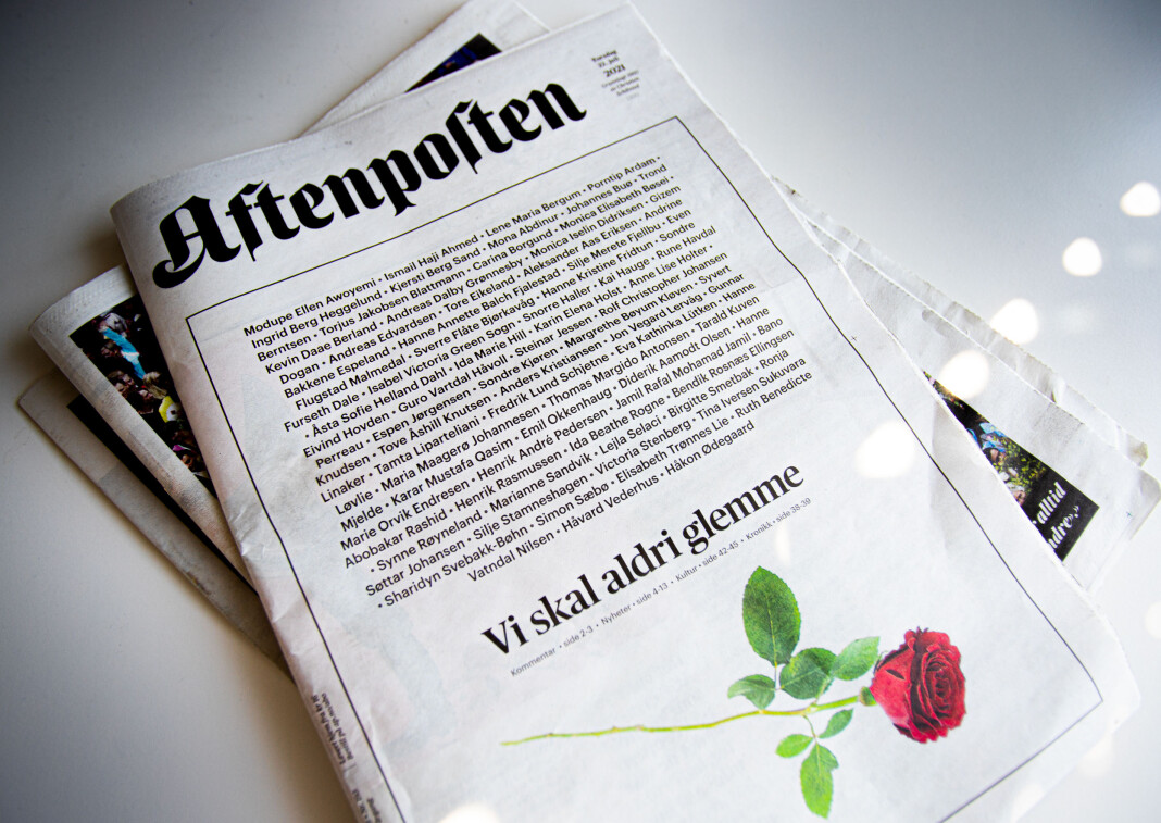 Aftenpostens forside ti år etter 22. juli-angrepet. Aftenposten har dekt tiårsmarkering bredt og blant annet publisert 17 relevante kronikker. Aftenpostens forside ti år etter 22. juli-angrepet. Aftenposten har dekt tiårsmarkering bredt og blant annet publisert 17 relevante kronikker.