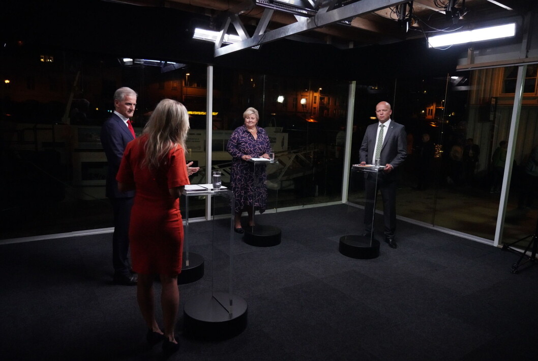 Nær 300.000 seere så Erna Solberg, Jonas Gahr Støre og Trygve Slagsvold Vedum på TV2s statsministerdebatt søndag kveld. Nær 300.000 seere så Erna Solberg, Jonas Gahr Støre og Trygve Slagsvold Vedum på TV2s statsministerdebatt søndag kveld.