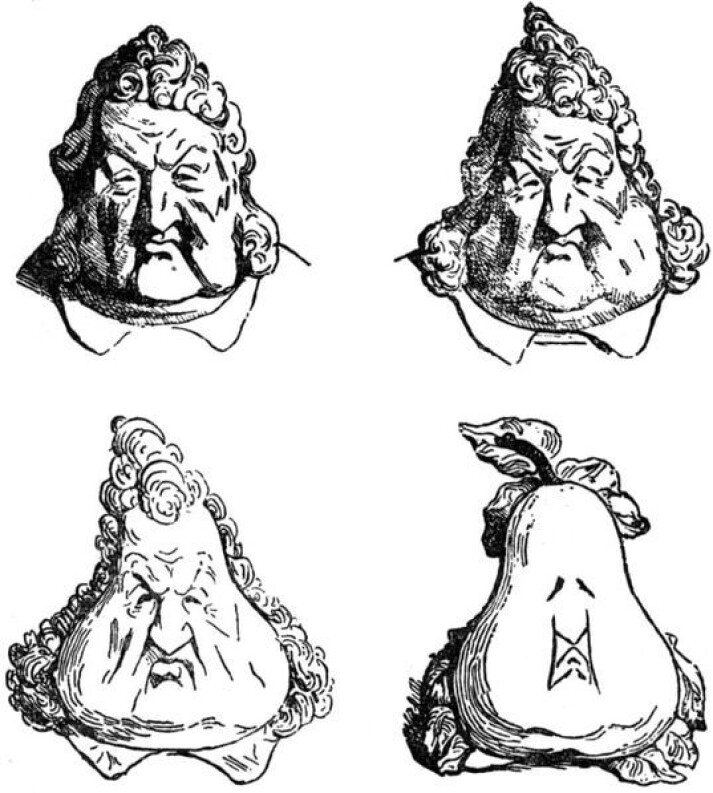 Fra konge til pære (1831). Den franske tegneren Honoré Daumier har tegnet en av verdens mest kjente satiretegninger. Der gjør han kong Ludvig Filip om til en pære i fire tegninger. Fra konge til pære (1831). Den franske tegneren Honoré Daumier har tegnet en av verdens mest kjente satiretegninger. Der gjør han kong Ludvig Filip om til en pære i fire tegninger.