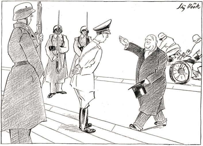 «I audiens hos Hitler. – Jeg er Quisling! – Og navnet?» (1944). Ragnvald Blix populariserte uttrykket «å være en quisling» med denne tegningen. «I audiens hos Hitler. – Jeg er Quisling! – Og navnet?» (1944). Ragnvald Blix populariserte uttrykket «å være en quisling» med denne tegningen.