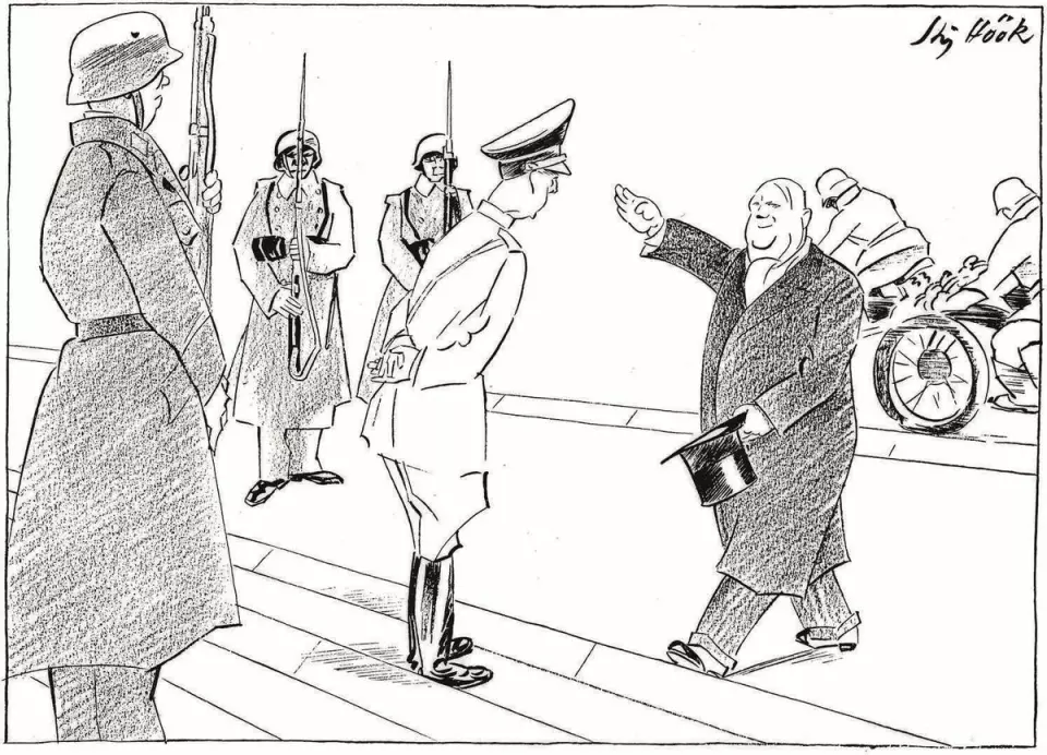 «I audiens hos Hitler. – Jeg er Quisling! – Og navnet?» (1944). Ragnvald Blix populariserte uttrykket «å være en quisling» med denne tegningen.