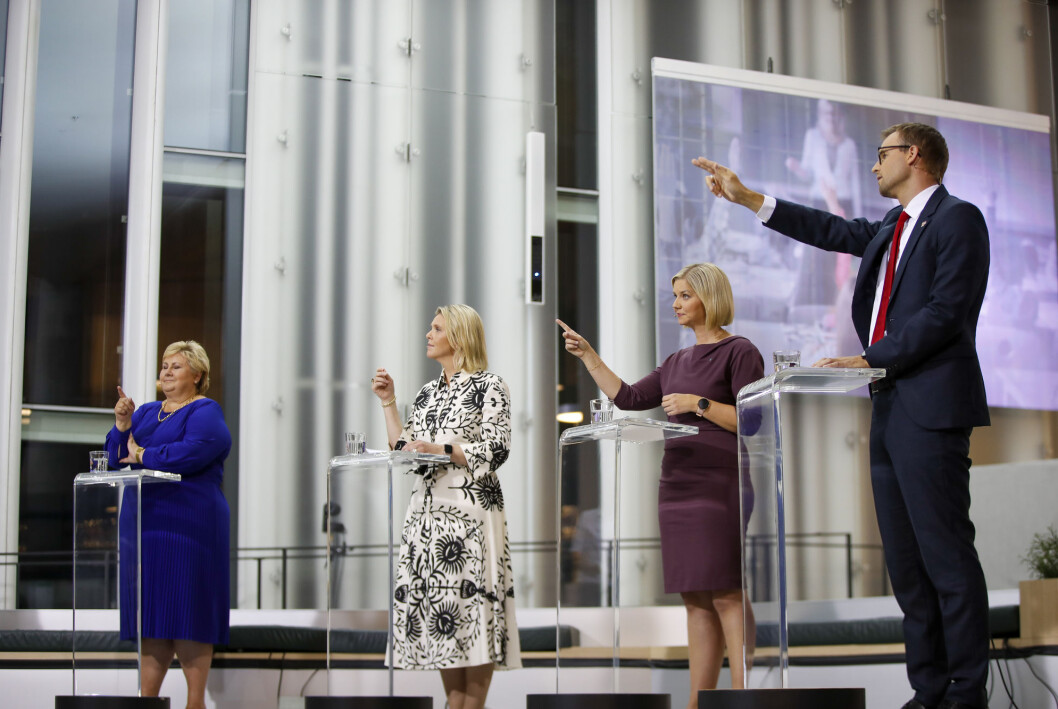 Partilederne Erna Solberg (H), Sylvi Listhaug (Frp), Guri Melby (V) og Kjell Ingolf Ropstad (KrF) under TV 2s partilederdebatt. Partilederne Erna Solberg (H), Sylvi Listhaug (Frp), Guri Melby (V) og Kjell Ingolf Ropstad (KrF) under TV 2s partilederdebatt.