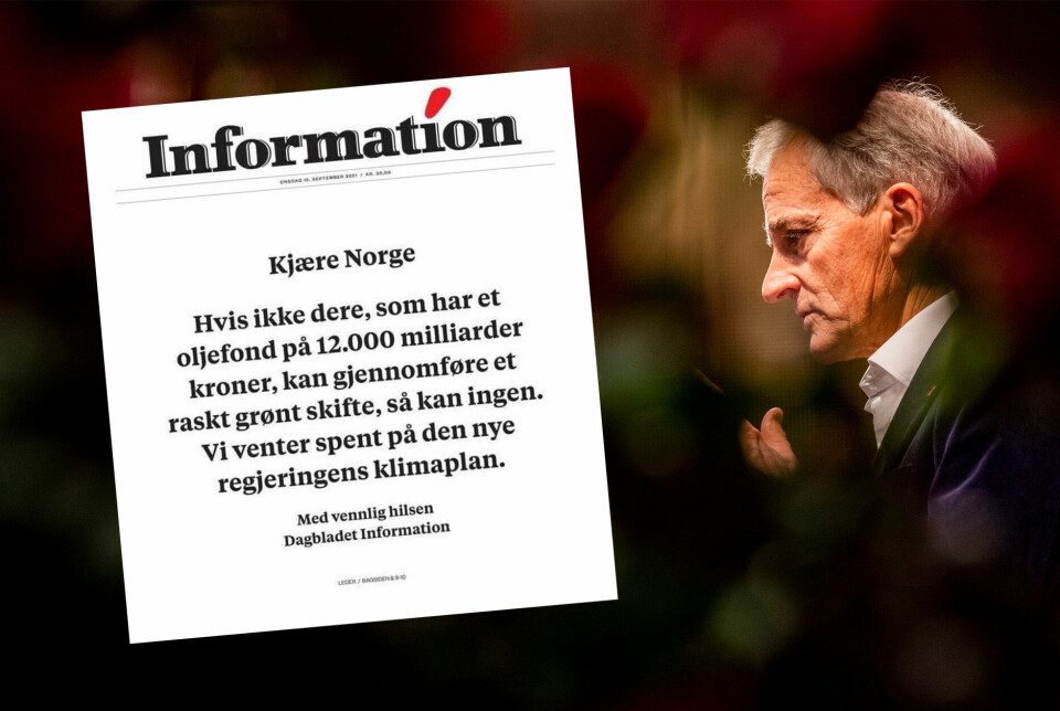 Budskapet på forsiden til den danske avisen Dagbladet Information i dag.
