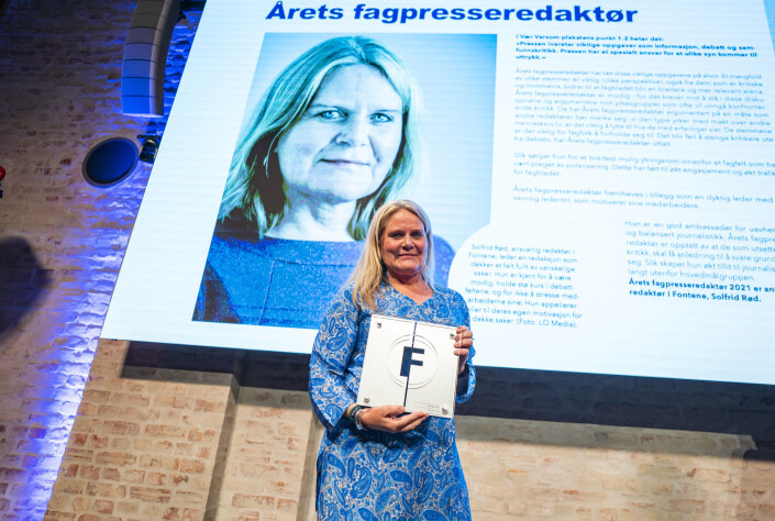 Solfrid Rød i Fontene er årets fagpresseredaktør 2021. Solfrid Rød i Fontene er årets fagpresseredaktør 2021.