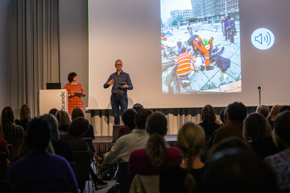 Line Alsaker og Kjetil Saugestad forteller om prosjektet under et foredrag på Fortellingens kraft i Bergen.