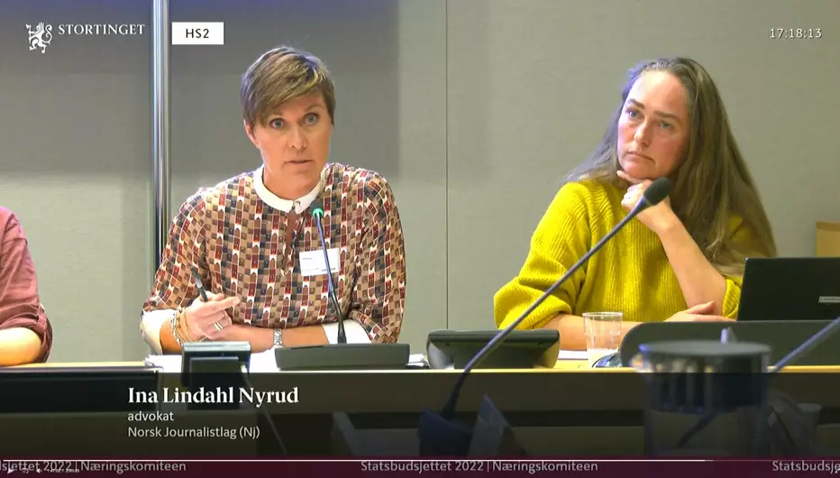 NJ-advokat, Ina Lindahl Nyrud, stilte til budsjetthøringer i Næringskomitéen og Finanskomitéen mandag og tirsdag.