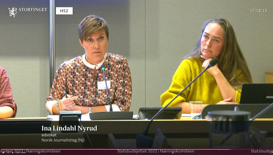 NJ-advokat, Ina Lindahl Nyrud, stilte til budsjetthøringer i Næringskomitéen og Finanskomitéen mandag og tirsdag.
