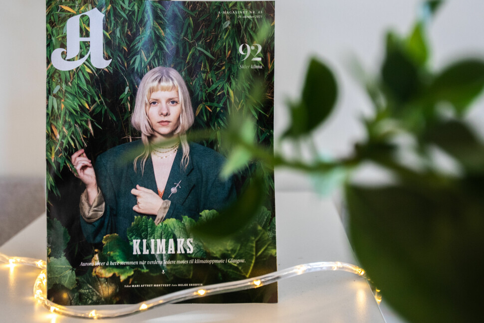 Forrige ukes utgave av A-magasinet er en klimaspesial som består av 92 sider med klimasaker. Den norske popmusikeren Aurora er på forsiden, aktuell med opptreden under klimatoppmøtet i Glasgow.