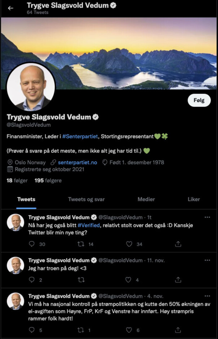 Skjermdump av den falske Twitter-kontoen til finansminister Trygve Slagsvold Vedum (Sp). Skjermdump av den falske Twitter-kontoen til finansminister Trygve Slagsvold Vedum (Sp).