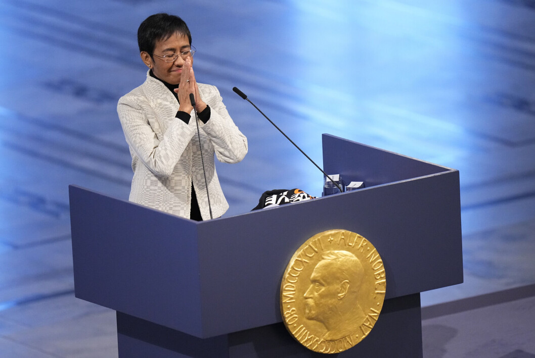 Maria Ressa under utdelingen av Nobels fredspris i Oslo. Maria Ressa under utdelingen av Nobels fredspris i Oslo.