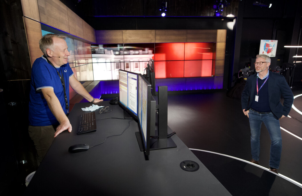 Programleder Kjetil H. Dale i samtale med sjefredaktør og administrerende direktør i TV 2, Olav T. Sandnes, i studio i Bergen Programleder Kjetil H. Dale i samtale med sjefredaktør og administrerende direktør i TV 2, Olav T. Sandnes, i studio i Bergen