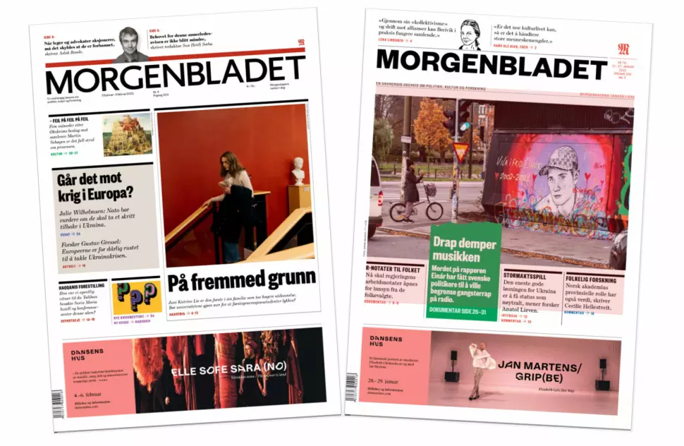 Nye Morgenbladet til venstre. Blant annet er logoen endret.