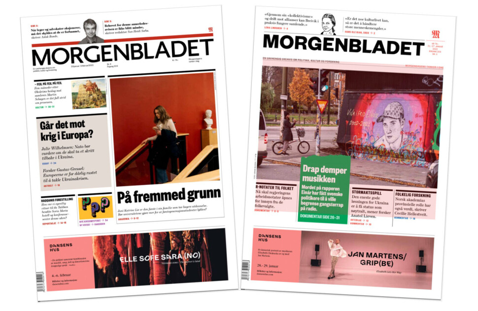 Nye Morgenbladet til venstre. Blant annet er logoen endret. Nye Morgenbladet til venstre. Blant annet er logoen endret.
