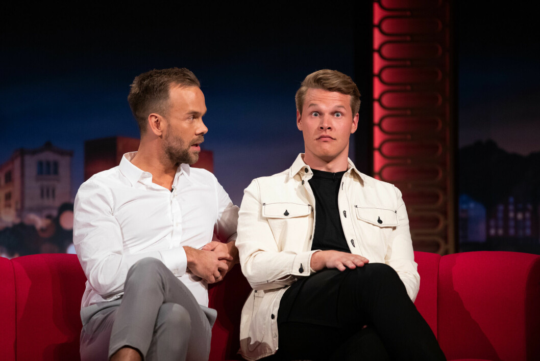 Morten Hegseth og Vegard Harm på besøk hos Senkveld på TV 2 i 2019.