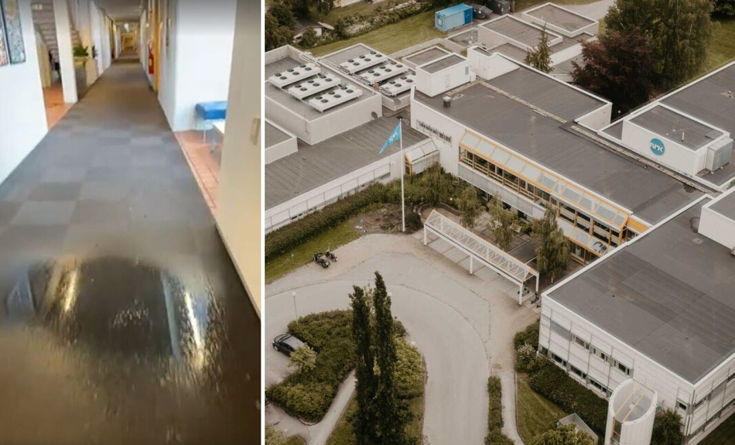 Det lakk vann inn hos NRK Tyholt etter styrtregnet i Trondheim natt til onsdag. Det lakk vann inn hos NRK Tyholt etter styrtregnet i Trondheim natt til onsdag.