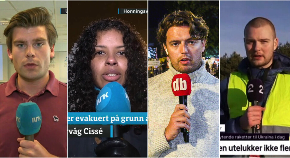 F.v.: Vegard Aulstad i VG, Mariam Eltervåg Cissé i NRK, Trym Mogen i Dagbladet, og Simen Grimstad Øksnes i TV 2 deler sine erfaringer og tips fra sin første direktesending.