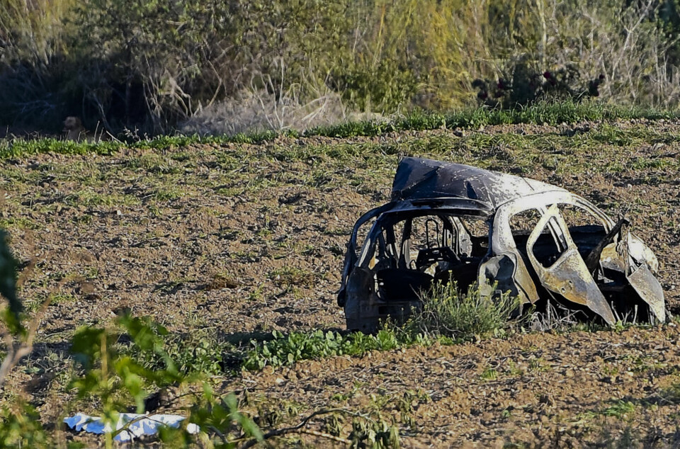 Vraket av bilen til gravejournalisten Daphne Caruana Galizia som eksploderte like i nærheten av hjemmet hennes på Malta 16. oktober 2017.