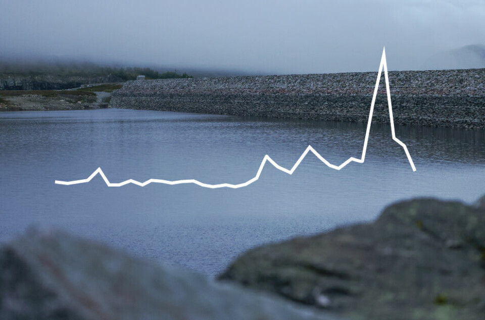 Vinje 20220816. Lav vannstand i Songavatnet som er en innsjø med flere dammer som ligger i Vinje kommune i Vestfold og Telemark. Demmningen på bilde demmer opp Songadammen. Foto: Ørn E. Borgen / NTB