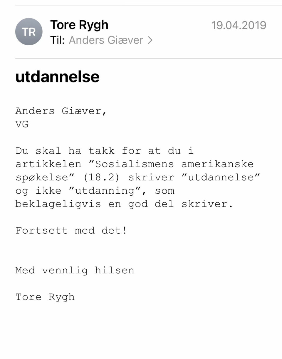 Den aller siste mailen Anders Giæver fikk fra Tore Rygh var skryt.
