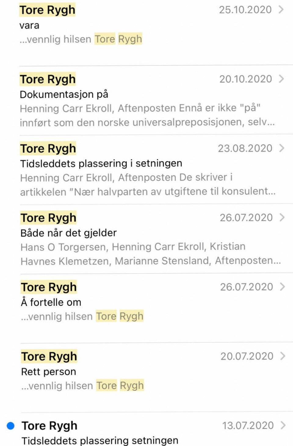 Med jevne mellomrom dukket det opp korreks fra Tore Rygh i mailboksen til Henning Carr Ekroll.