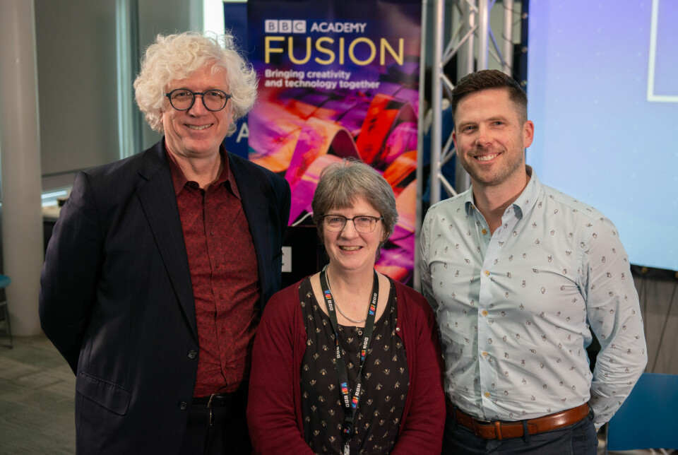 Bruce MacCormack fra Project Origin (til venstre), Judy Parnall fra BBC og Helge O. Svela i Medieklyngen/Media City Bergen.