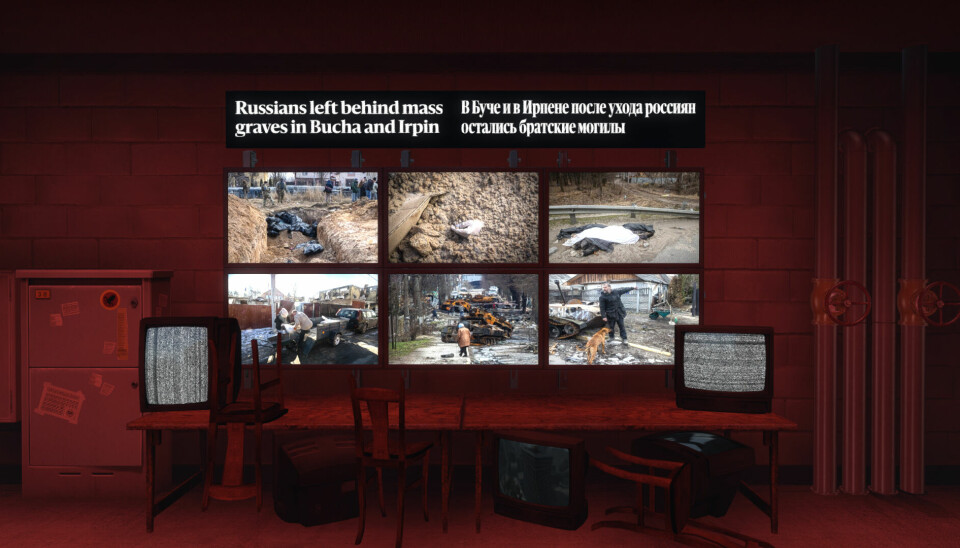 Informasjon om massakre i Butsja og Irpin er blant nyhetene man får tilgang på i Helgsingin Sanomats Counter Strike-brett.