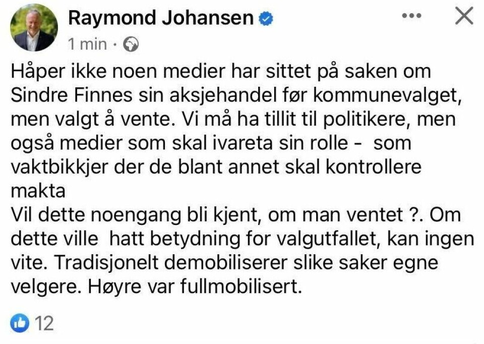 Facebook-meldingen fra byrådsleder Raymond Johansen lå ute i få minutter fredag ettermiddag.